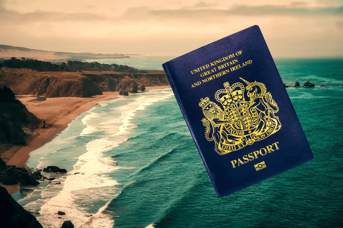British passport in front of Californian shoreline