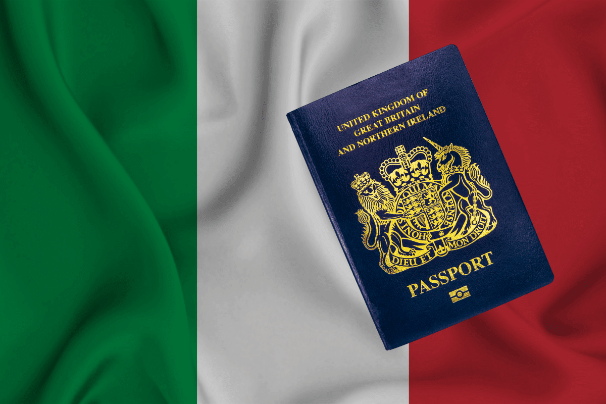 British passport in front of Italian flag