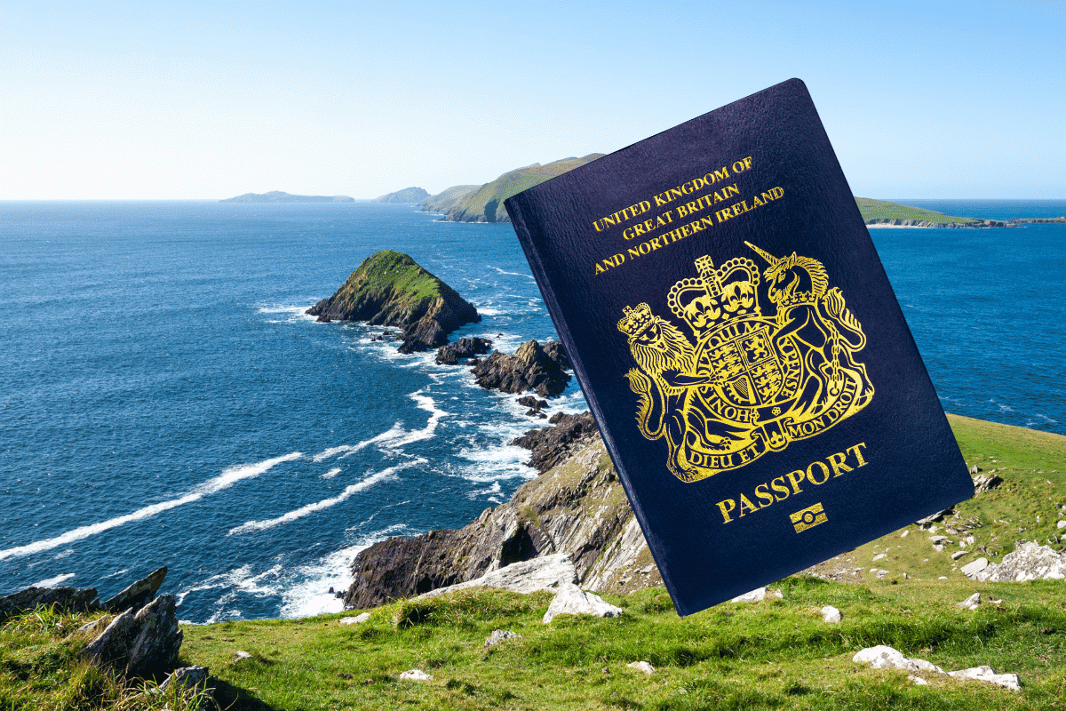 British passport in front of Irish landscape