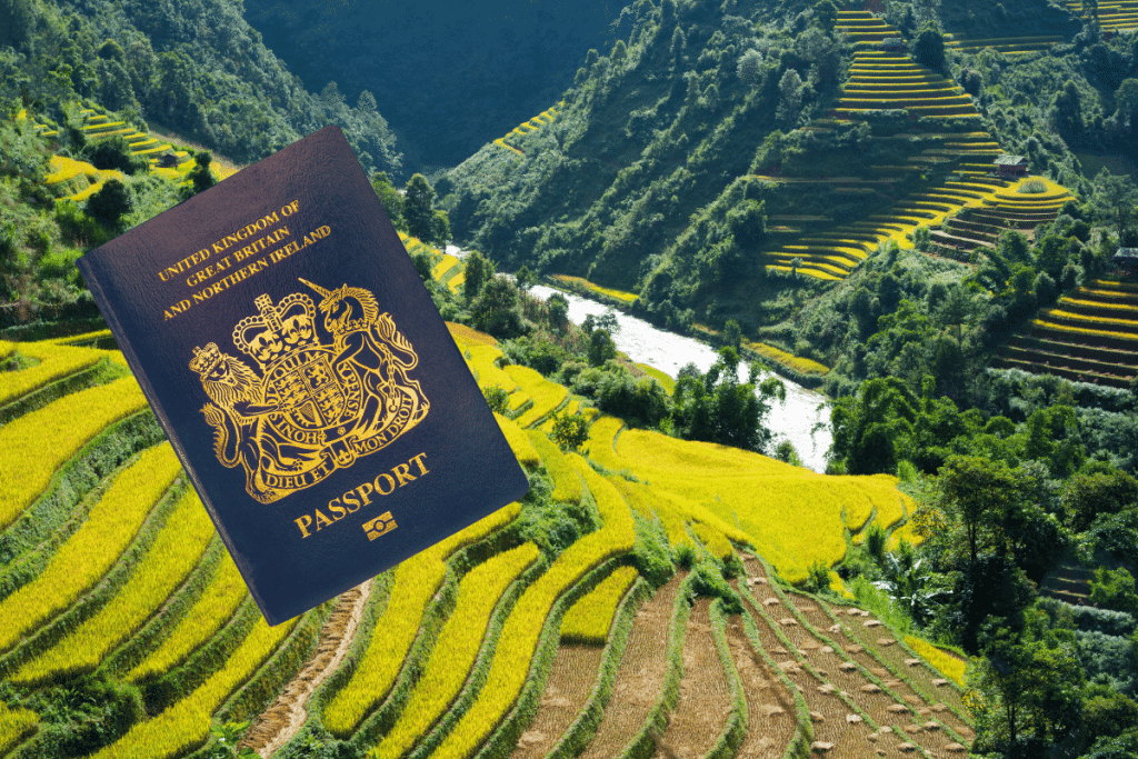 British passport in front of Asian backdrop