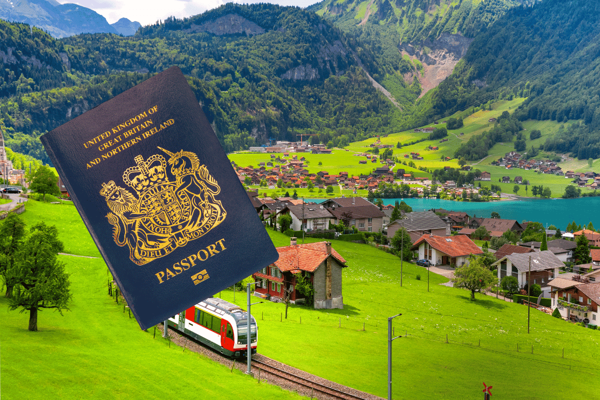 British passport in front of Swiss backdrop