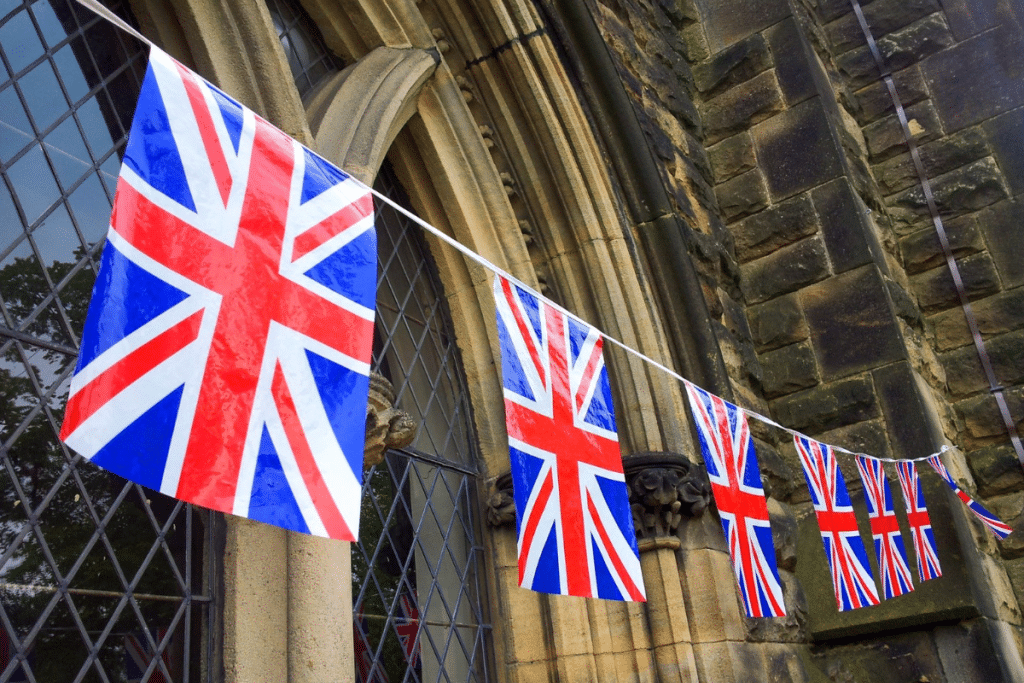 british flags lining building